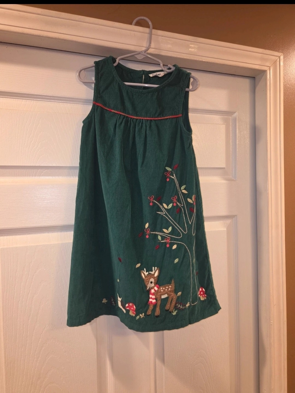 Beebay Green Girls' Deer Embroidered Corduroy Dress